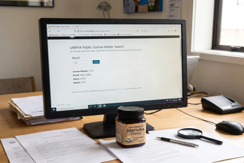 Manuka honey jar on a desk beside documents, magnifying glass, and a computer displaying a UMFHA license holder search page.