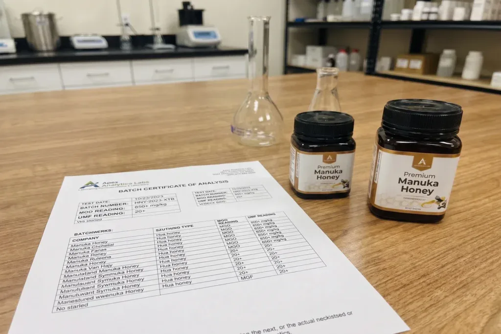 Two jars of premium Manuka honey beside a batch certificate of analysis.