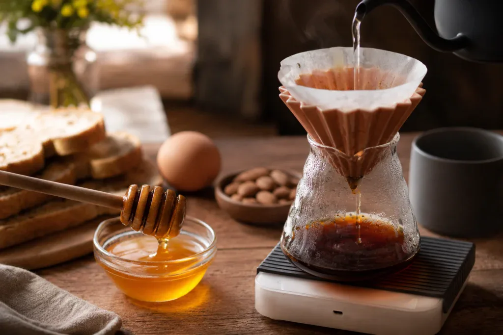 Steam rises as coffee drips through a Chemex filter, and honey sits on the table, ready to be mixed into a drink. 
